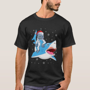 T-shirt Merry Sharkmas Funny Santa Hat Yeti Riding Requin