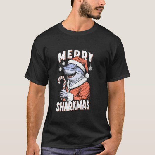 T-shirt Merry Sharkmas Funny Shark Santa Claus Candy Cane  (Devant)