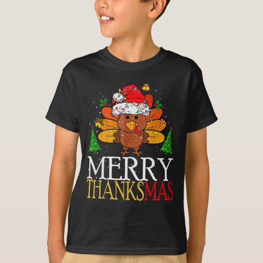T-shirt Merry Thanksmas Happy Thanksgiving Santa Turkey (Devant)