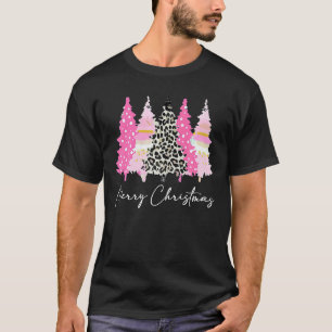 T-shirt Mesdames Joyeux Xmas Pink Trees Leopard mignon