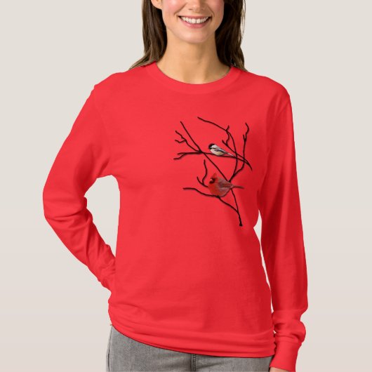 T-shirt Mesdames T Chemise Cardinal & Chickadee sur une br (Devant)