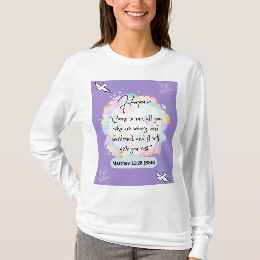 T-shirt Message d'espoir - Matthieu 11-28 - Long Manche Bl (Devant)