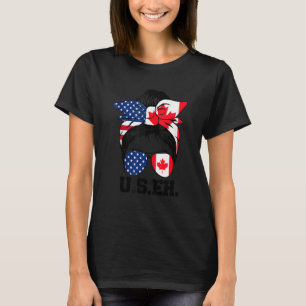 T-shirt Messy Bun American Canadian Drapeau Lunettes de so