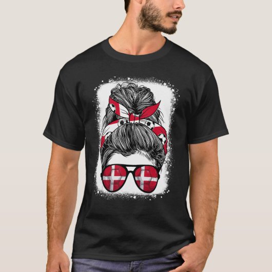 T-shirt Messy Bun Cheveux Danemark Lunettes Drapeau Danois (Devant)