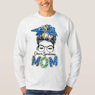 T-shirt Messy Bun Leopard Blue Yellow Ribbon Down Syndrome
