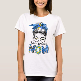 T-shirt Messy Bun Leopard Blue Yellow Ribbon Down Syndrome