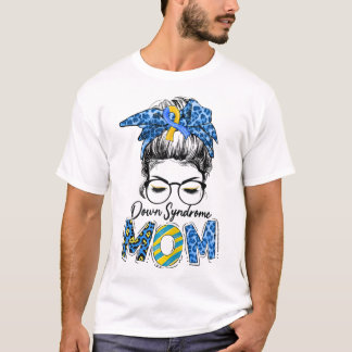 T-shirt Messy Bun Leopard Blue Yellow Ribbon Down Syndrome