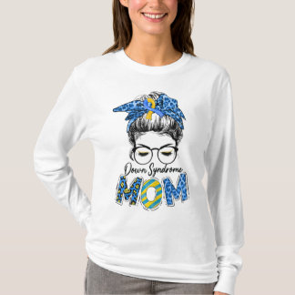T-shirt Messy Bun Leopard Blue Yellow Ribbon Down Syndrome
