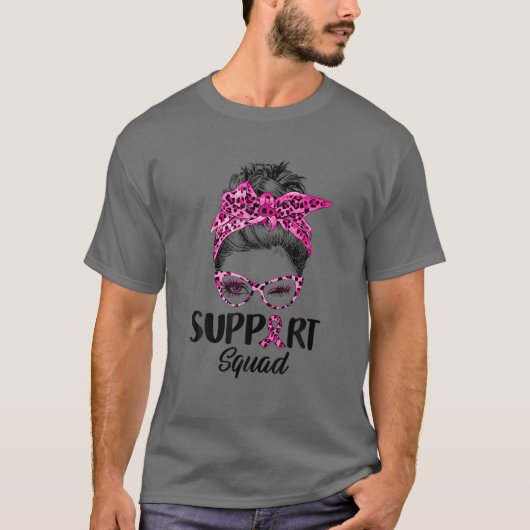 T-shirt Messy Bun Pink Leopard Support Squad Cancer du sei (Devant)