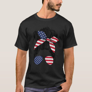 T-shirt Messy Bun Usa Drapeau Lunettes Drapeau Américain