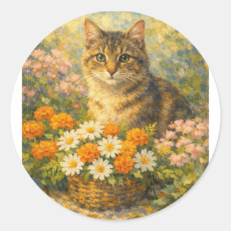 T-shirt met een leuk kitten in een bloementuin in ronde sticker