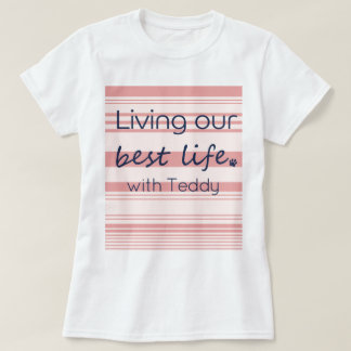 T-shirt met eigen naam hond roze strepen voor vrou