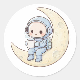 T-shirt met kleine astronaut maan koffie Cute ruim Ronde Sticker