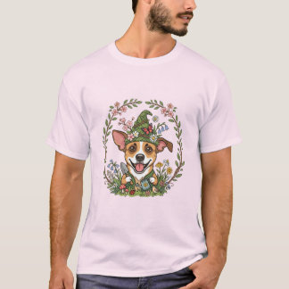 T-shirt met lente-tuin-kabouter-hond