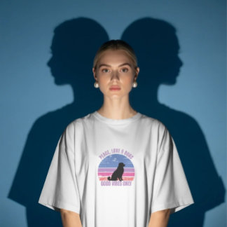 T-shirt met Peace, Love, Dogs, retro zonsondergang