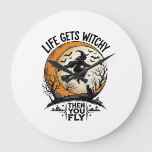 T-shirt met vintage heks en retro Halloween vliege Grote Klok