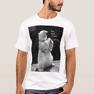 T-shirt met "vragen, zoeken, kloppen"