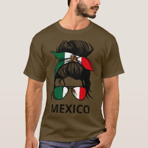 T-shirt Mexique Drapeau Mexicaine Femme Avec Messy Bun I