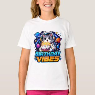 T-shirt Mignon Astronaute Kitty "Vibes d'anniversaire" Fil