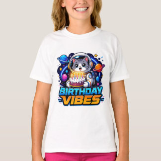 T-shirt Mignon Astronaute Kitty "Vibes d'anniversaire" Fil