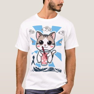 T-shirt Mignon Chat Anime Kawaii Art de la Grande Vague de