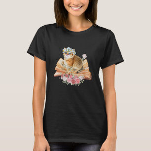 T-shirt Mignon chat bibliophile fleur plante lecture livre