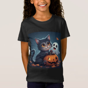 T-Shirt Mignon Chat d'Halloween avec Fantôme et Citrouille