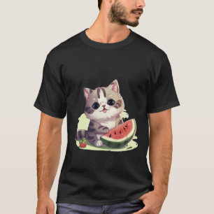 T-shirt Mignon Chat Kawaii avec Art d'Été Pastèque ✨🐾🍉