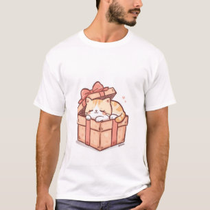 T-shirt Mignon Chat Kawaii Endormi dans une Boîte Cadeau -