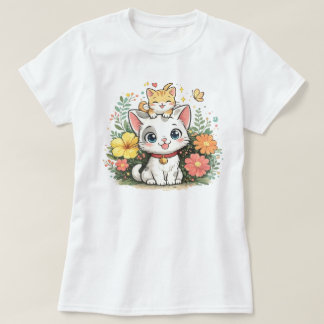 T-shirt Mignon Chat Kawaii Illustration Florale | Adorable