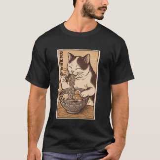 T-shirt Mignon Chat Mangeant des Ramen Art Amant de Nourri