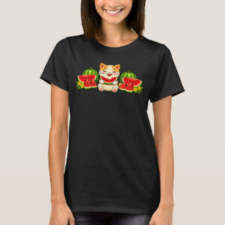 T-shirt Mignon Chat Pastèque Kawaii Illustration d'Été