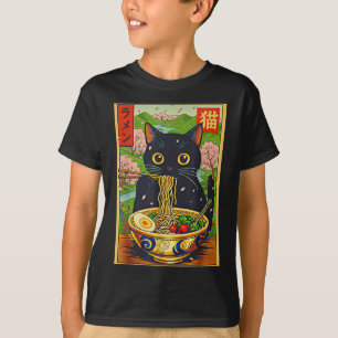 T-shirt Mignon Chat Ramen Nature Fleurs Nouilles Anime
