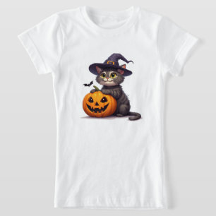T-Shirt Mignon Chaton d'Halloween avec Chapeau de Sorcière