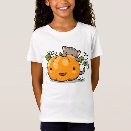 T-shirt mignon de citrouille et de chaton (Devant)