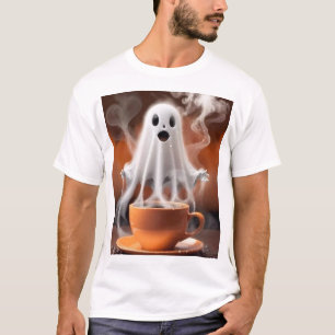 T-shirt Mignon Fantôme Émergeant Tasse de Café à la Vapeur