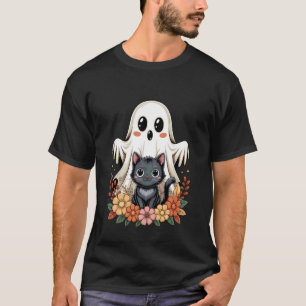 T-shirt Mignon Fantôme Rétro Chat Noir Floral Halloween Ef
