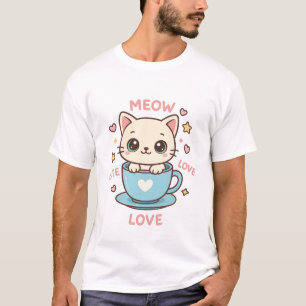 T-shirt Mignon Kawaii Chat dans une Tasse Bleue - Meow Amo