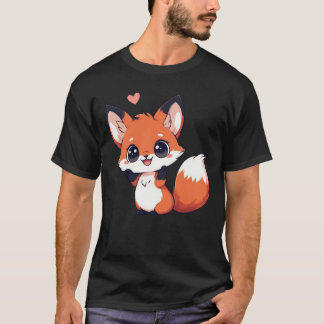 T-shirt Mignon Kawaii Chibi Renard avec Cœur