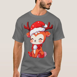 T-shirt mignon Kawaii Noël Renne en chapeau de Père Noël 1