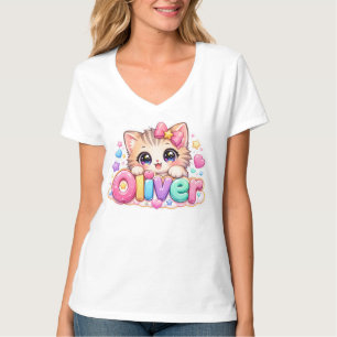 T-shirt Mignon Kawaii Oliver Nom de Chat Pastel Rose Étinc