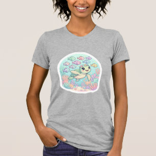 T-shirt Mignon Kawaii Tortue de Mer Vie Océanique Gris Hea