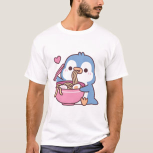 T-shirt Mignon Manchot Bleu Aime Manger des Nouilles Ramen