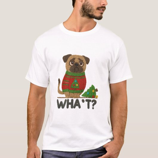T-shirt Mignon petit Pug dans un pull de Noël avec drôle (Devant)