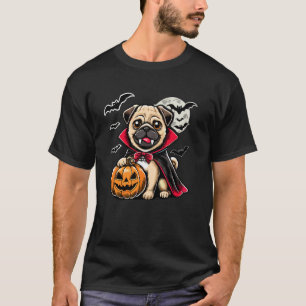 T-shirt Mignon Pug Halloween Dracula Chien avec Citrouille