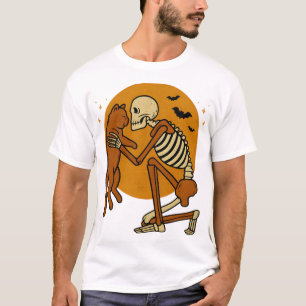T-shirt Mignon squelette étreignant un chat design gothiqu