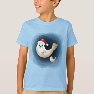 T-shirt Mignonne bébé phoque avec chapeau de santa saluant