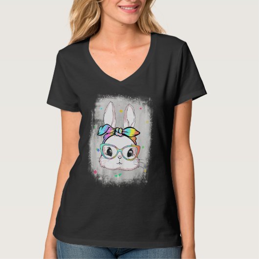 T-shirt Mignonne Bunny Visage Tie Dye Lunettes Headband Ha (Devant)