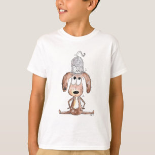 T-shirt Mignonne chien Whimsical avec chat sur sa tête