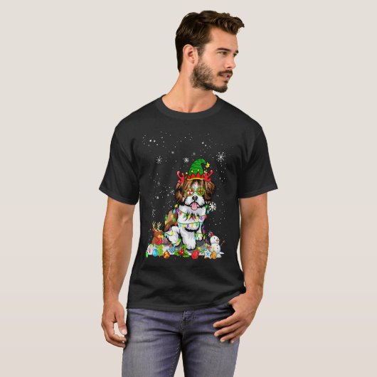 T-shirt Mignonne Chih Tzu Chien Elf Casquette Feux de Noël (Devant entier)